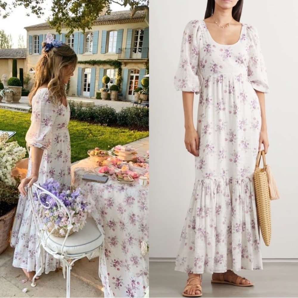 NWT LoveShackFancy Colby Dress in White and Purple Floral - US 2